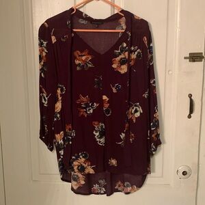 Women’s Maroon Floral Blouse with Neck Ties. Size small.